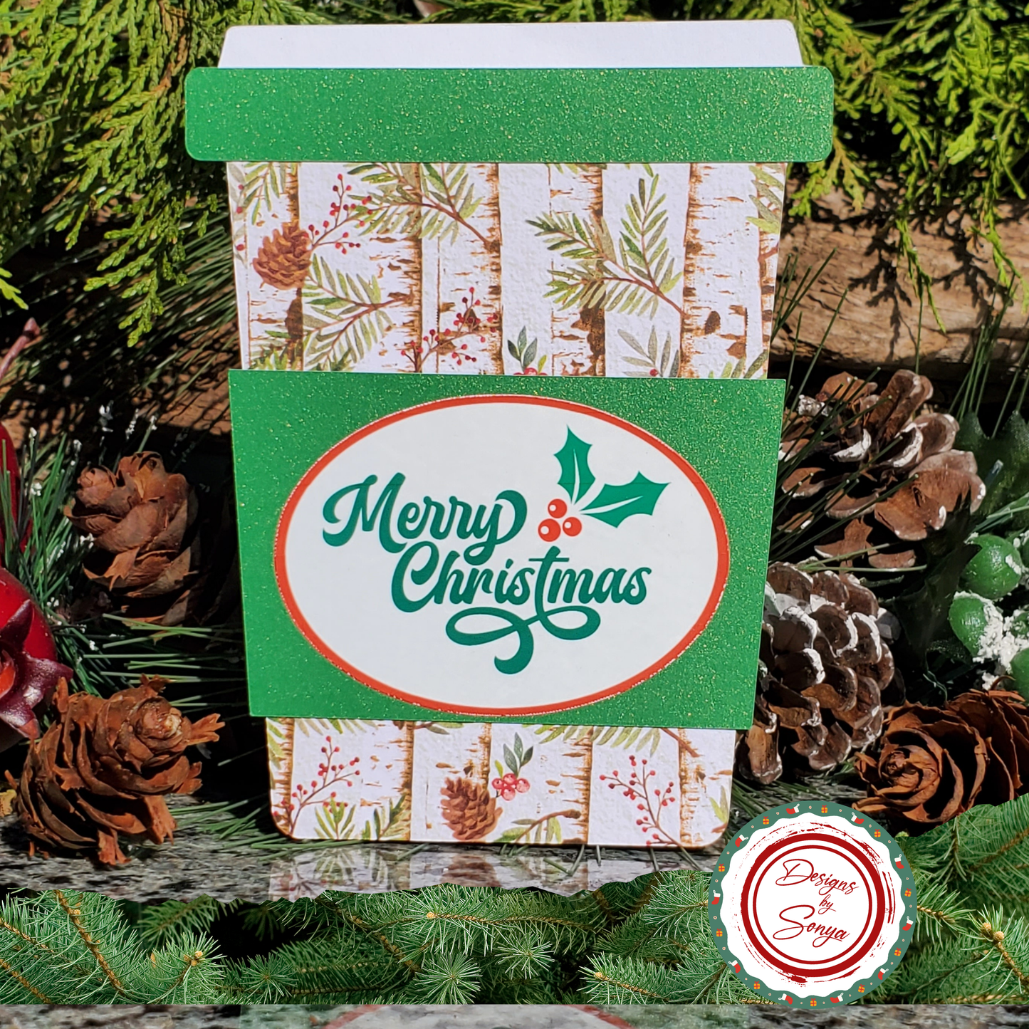Rustic Birch Christmas Gift Card Holder – Handmade Holiday Envelope with Pinecones & Holly for Teachers, Friends, Coworkers