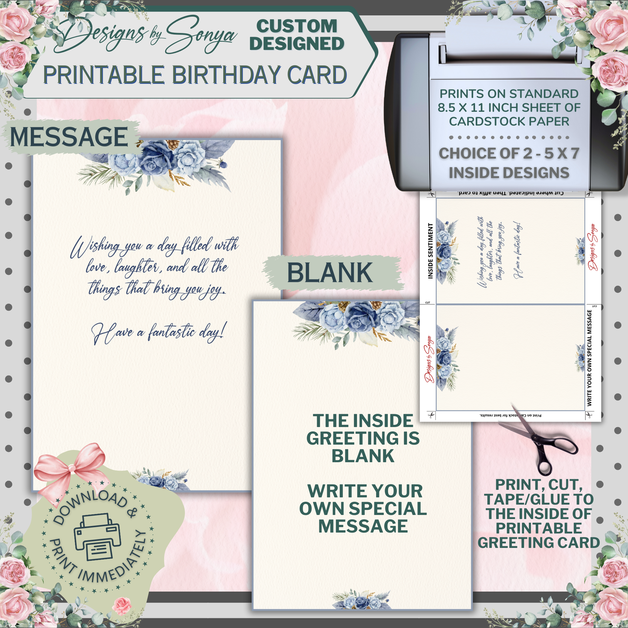 Blue Floral Birthday Card 5x7 | Printable Birthday Card | Watercolor Cake Design | Fits A7 Envelope | Digital Download | Print at Home