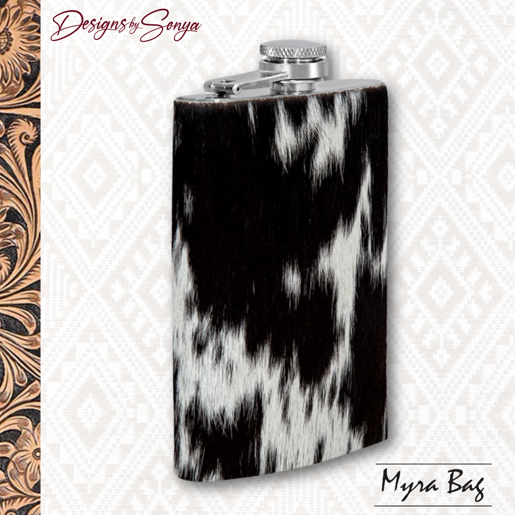 Mountain Trail Flask in Dark Hair-on Hide | Unique Natural Markings | Black and White | Myra Bags | S-8476
