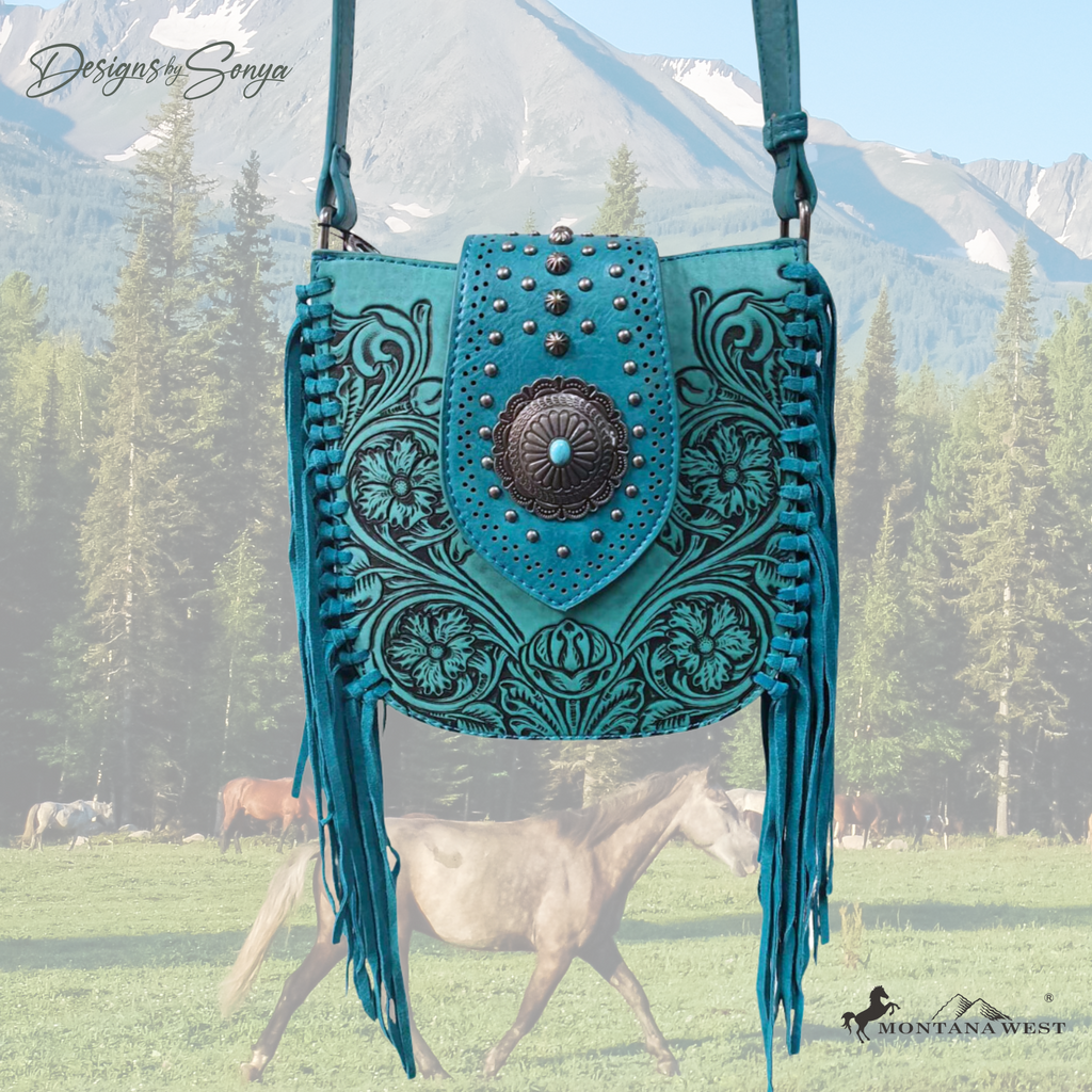 Montana West Turquoise Hand-Tooled Floral Crossbody Fringe Purse with Concealed Carry | Turquoise | MW1249-8360TQ