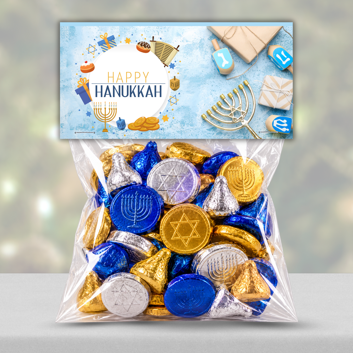 Printable Hanukkah Treat Bag Topper Collection | 4 Different Designs | Menorah & Dreidel Candy Bag Toppers | Jewish Holiday Party Favors | 4" x 2" PDF Download