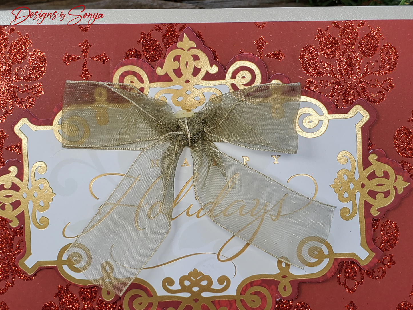 LIMITED EDITION | Festive Red & Gold Shimmering | 5" x7" Happy Holidays | 3D Layered Christmas Card Greetings | Gold Bow | Custom Designed