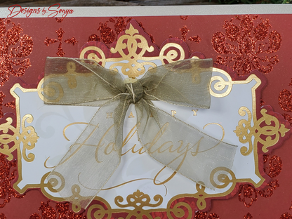 LIMITED EDITION | Festive Red & Gold Shimmering | 5" x7" Happy Holidays | 3D Layered Christmas Card Greetings | Gold Bow | Custom Designed