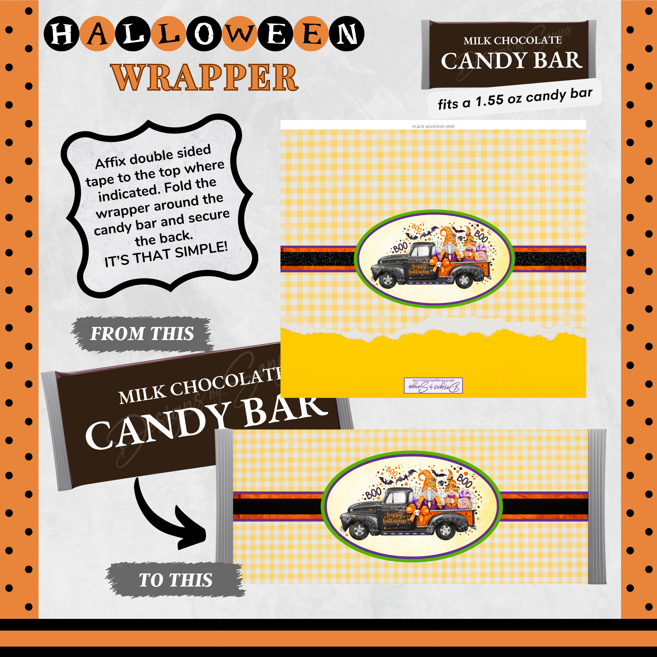 Halloween Gnomes & Spooky Truck Wrapper | Instant Download for Party Favors | Printable Fits 1.55 oz Milk Chocolate Candy Bar