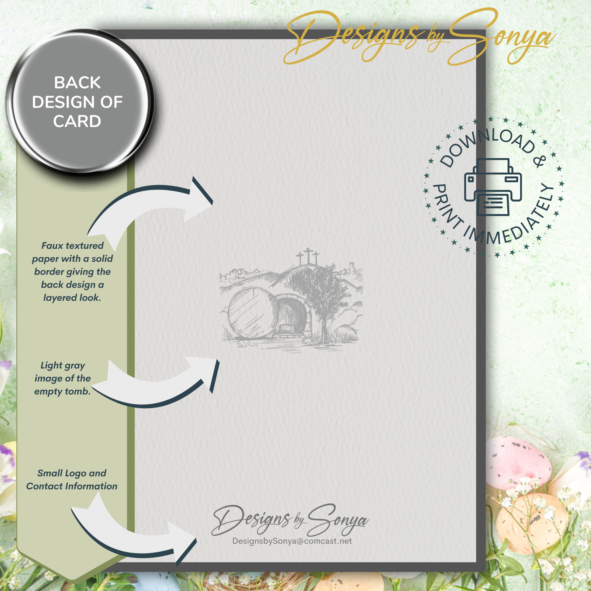 Custom Designed 5 x 7 Printable Card - He is Risen w/ Gold Cross | Inside Greeting and Envelope Included - Instant Download - Print from Home