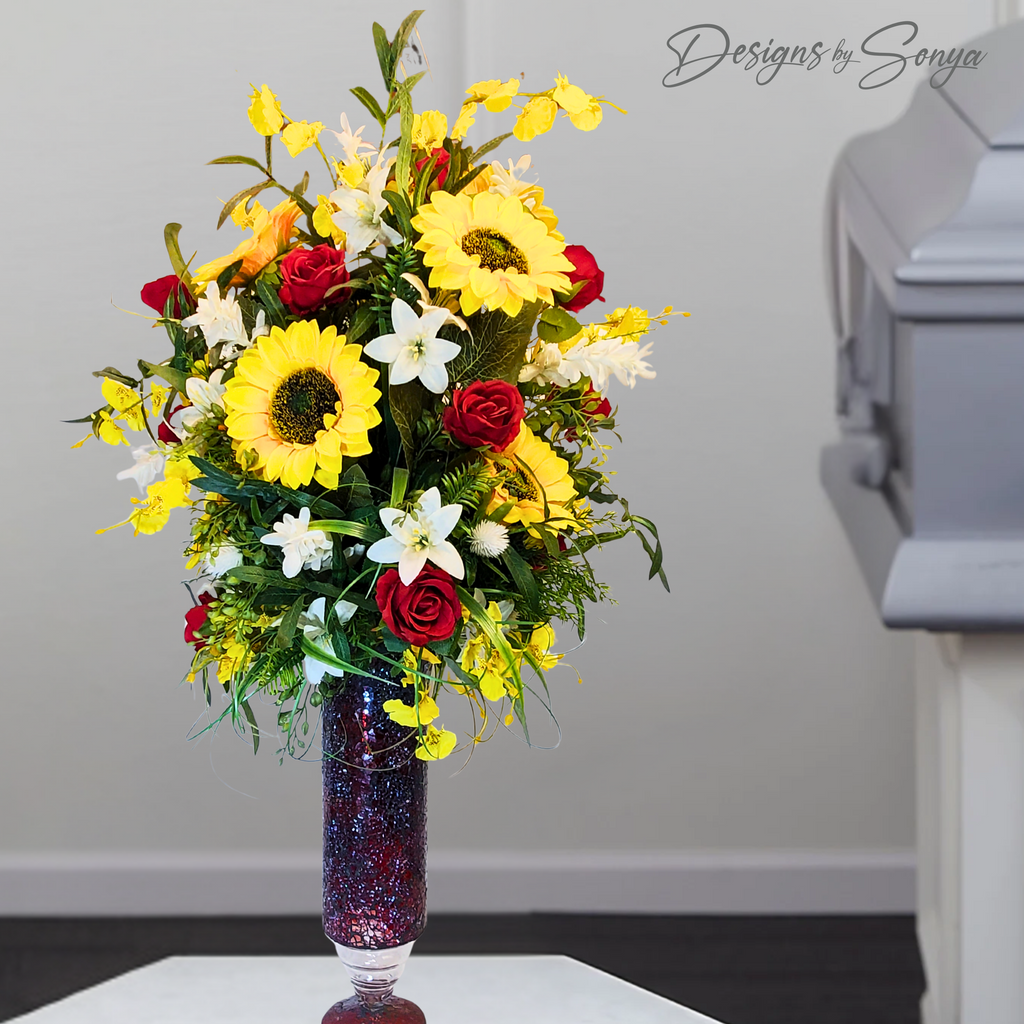 Sunflower and Red Roses Silk Cemetery Vase Insert – Artificial Grave Flower Arrangement | Summer Centerpiece or Memorial Floral Decoration