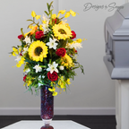 Sunflower and Red Roses Silk Cemetery Vase Insert – Artificial Grave Flower Arrangement | Summer Centerpiece or Memorial Floral Decoration