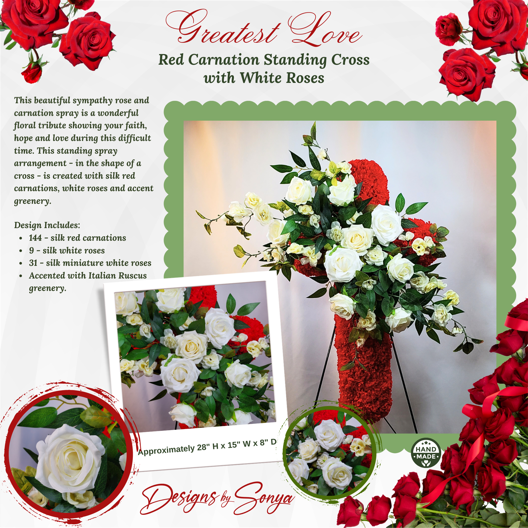 Lasting Honor: Custom Memorial Standing Cross with Red Carnations and White Roses