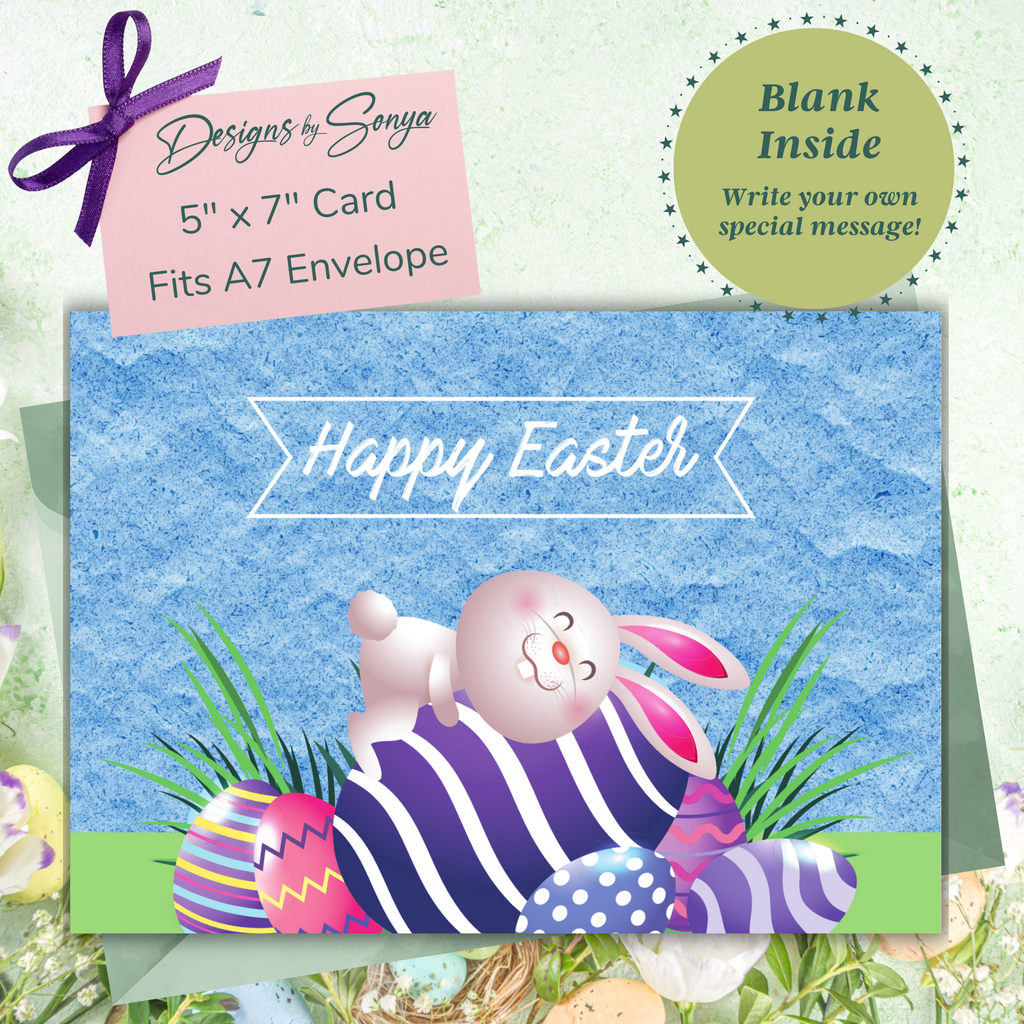 Sleepy Bunny Happy Easter | Custom Designed | 5x7 Printable Greeting Card | Includes Matching Envelope | Instant Download | Print from Home