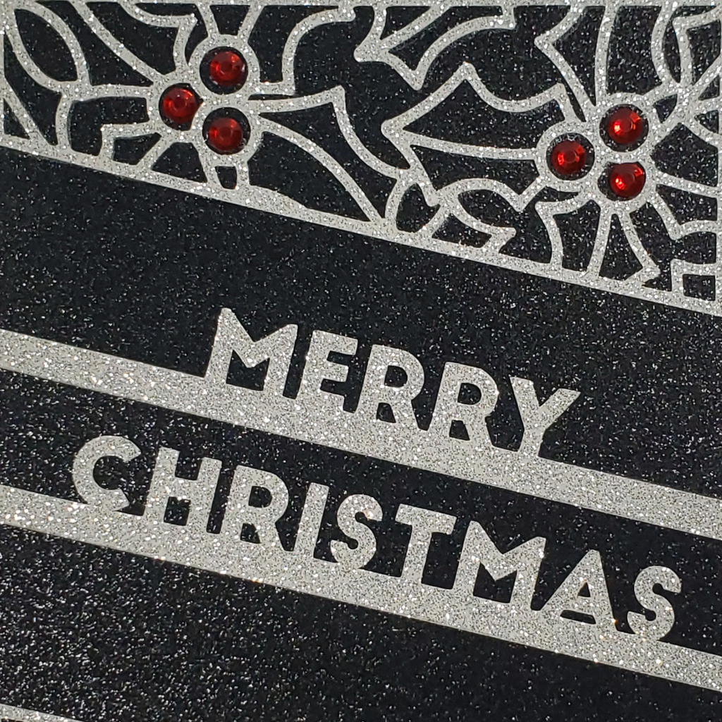 A7 Black & Silver Glitter Merry Christmas Card – Handcrafted 5"x7" Holiday Greeting with Holly Gems, Elegant Keepsake for Gift-Giving