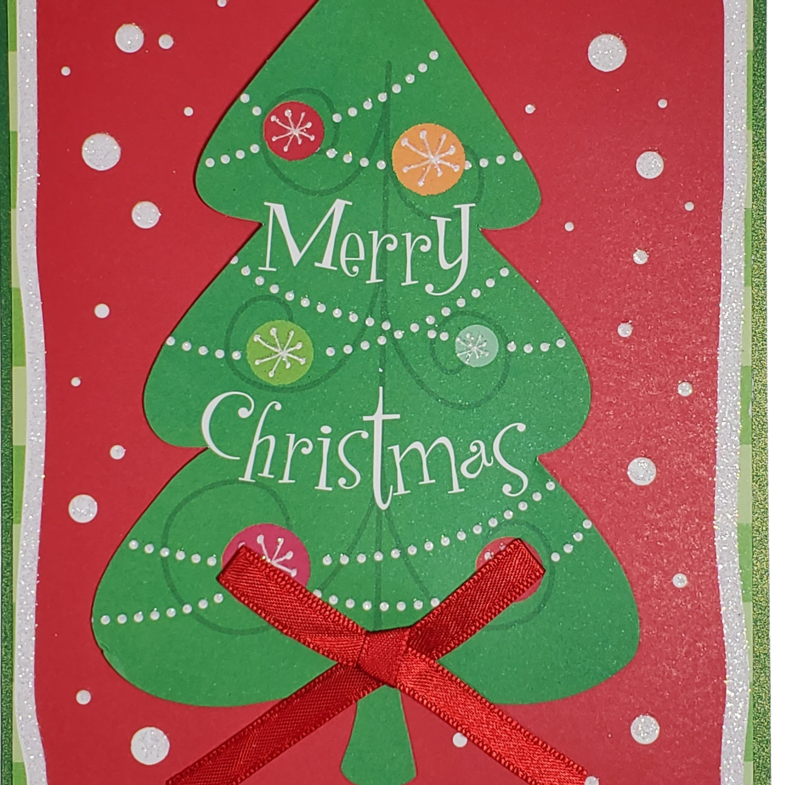 Handcrafted Merry Christmas Tree Card with Ribbon Bow | A7 Holiday Greeting Card | Limited Edition Handmade Christmas Card