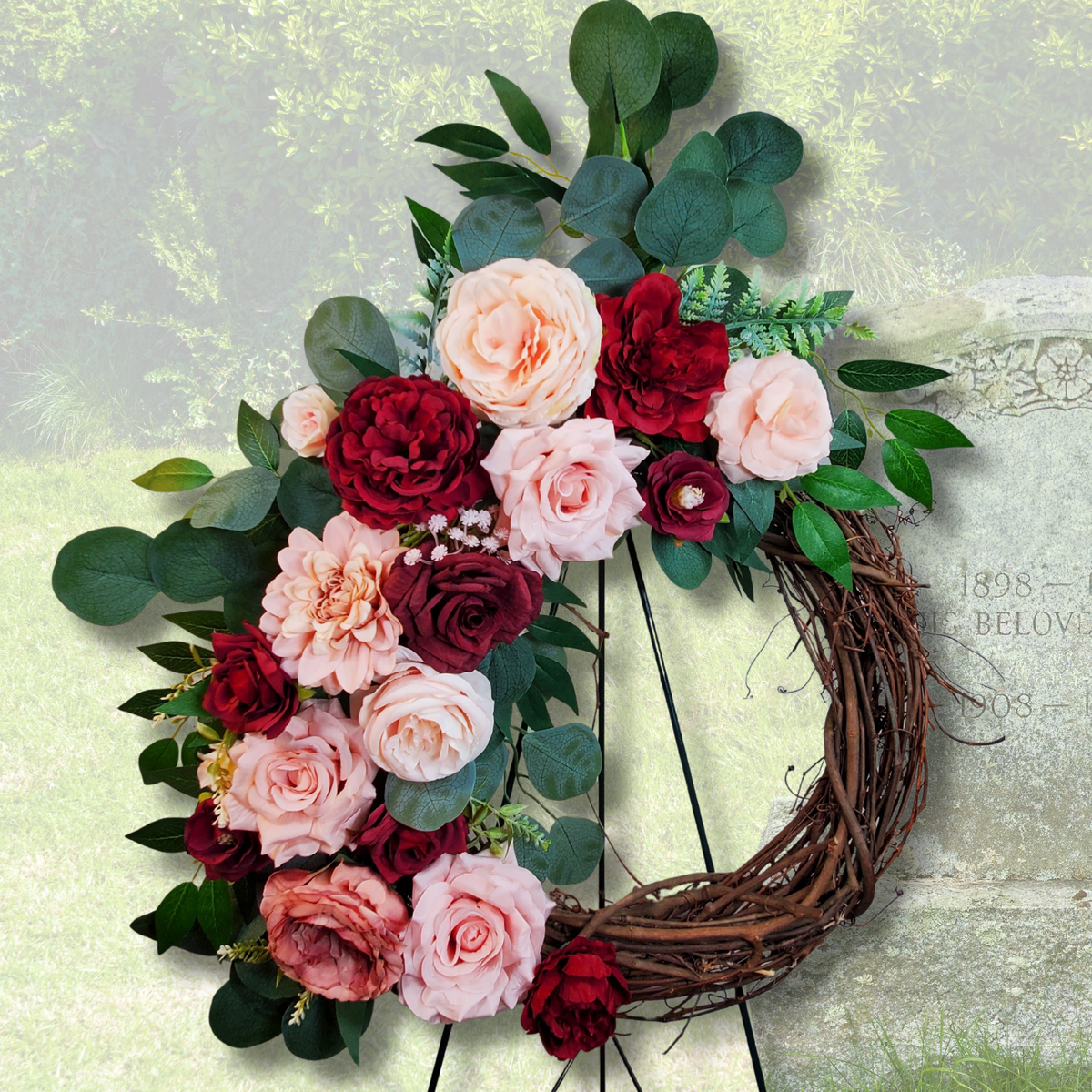 Blush Pink and Burgundy Floral Wreath, Grapevine Front Door Rose Wreath, Romantic Everyday Home Decor