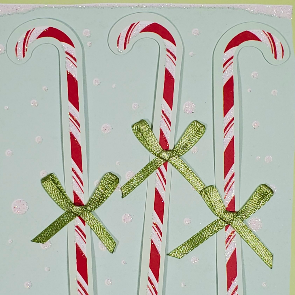 Limited Edition Candy Cane Christmas Card – Handmade A7 Holiday Greeting with Green Bows – 5x7” Peppermint-Themed Keepsake
