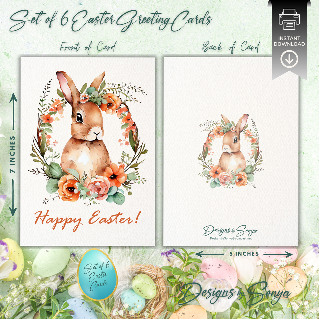 Elegant Custom Designed Set of 6 Printable 5 x 7 inch Happy Easter Greeting Cards - Floral Designs with an Adorable Rabbit -Instant Download