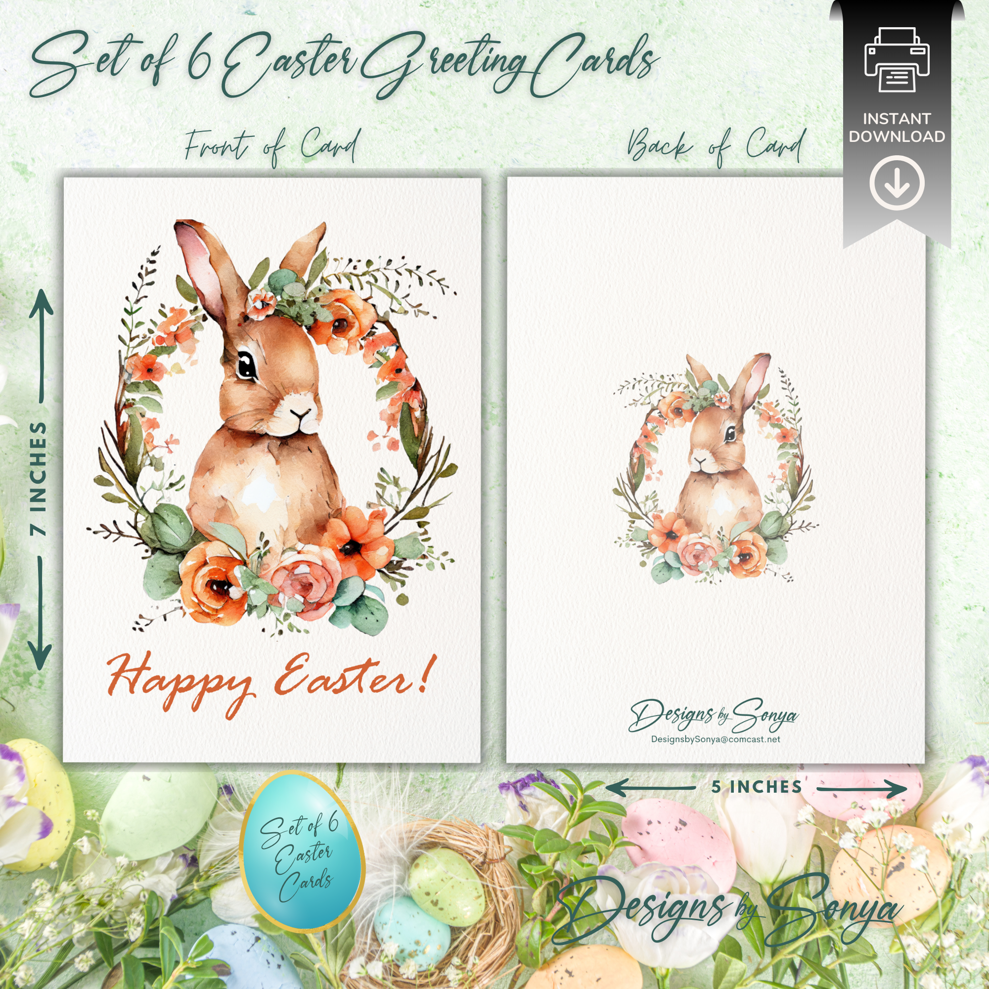 Elegant Custom Designed Set of 6 Printable 5 x 7 inch Happy Easter Greeting Cards - Floral Designs with an Adorable Rabbit -Instant Download