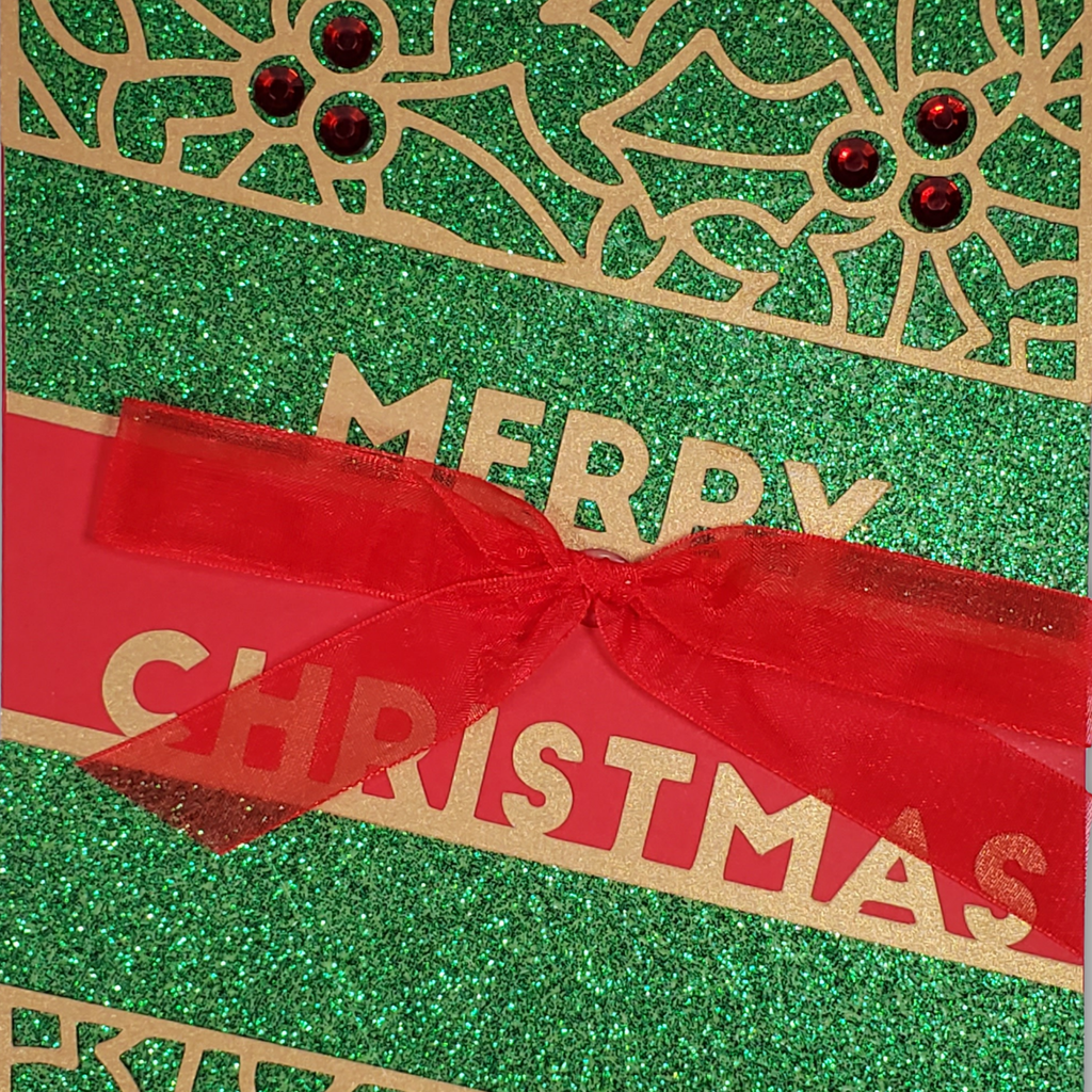 Handmade Green Glitter Christmas Card with Red Bow – Elegant A7 Holiday Card for Corporate Gifting, Religious or Family Keepsake