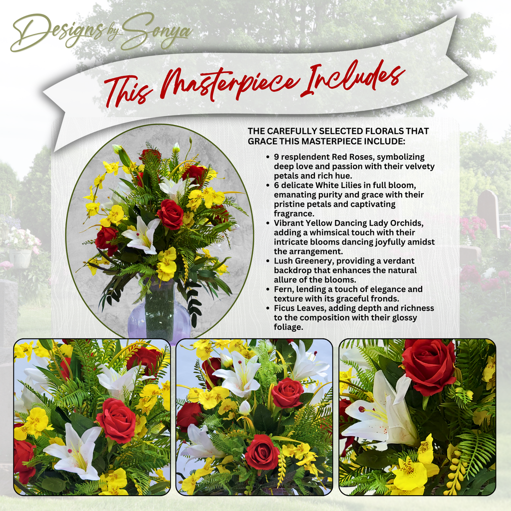 Masterpiece Includes List
Promotional graphic showing arrangement details, highlighting roses, lilies, orchids, ferns, ficus leaves, and lush greenery for outdoor memorial use.