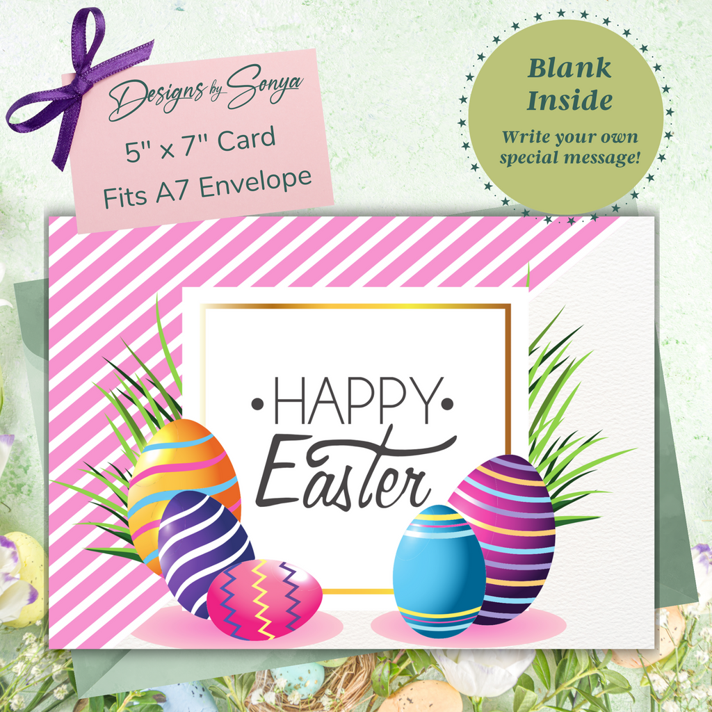 Happy Easter Pink Stripe | Custom Designed | 5 x 7 Printable Greeting Card | Matching Envelope Included | Instant Download | Print from Home
