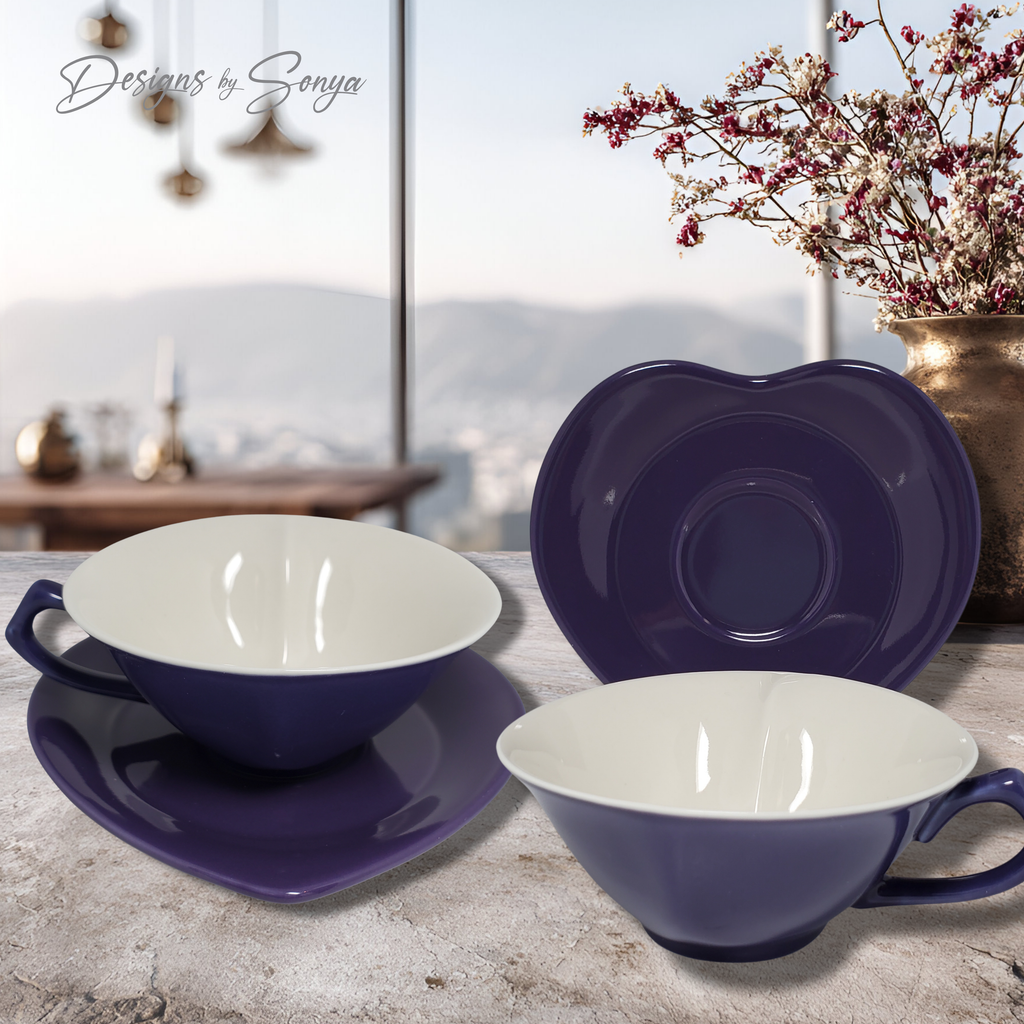 Discontinued Mary Kay Heart Teacup and Saucer Set, Purple Ceramic Cup, Rare Collectible Tea Cup Set, Romantic Gift Idea, New Unused