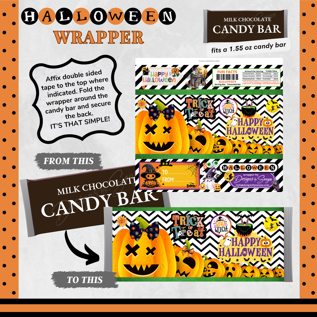 Custom Halloween Digital Candy Bar Wrapper | Printable Candy Bar Covers | Instant Download for Trick-or-Treat Party Favors | Fits 1.55 oz Hershey's Chocolate Bar