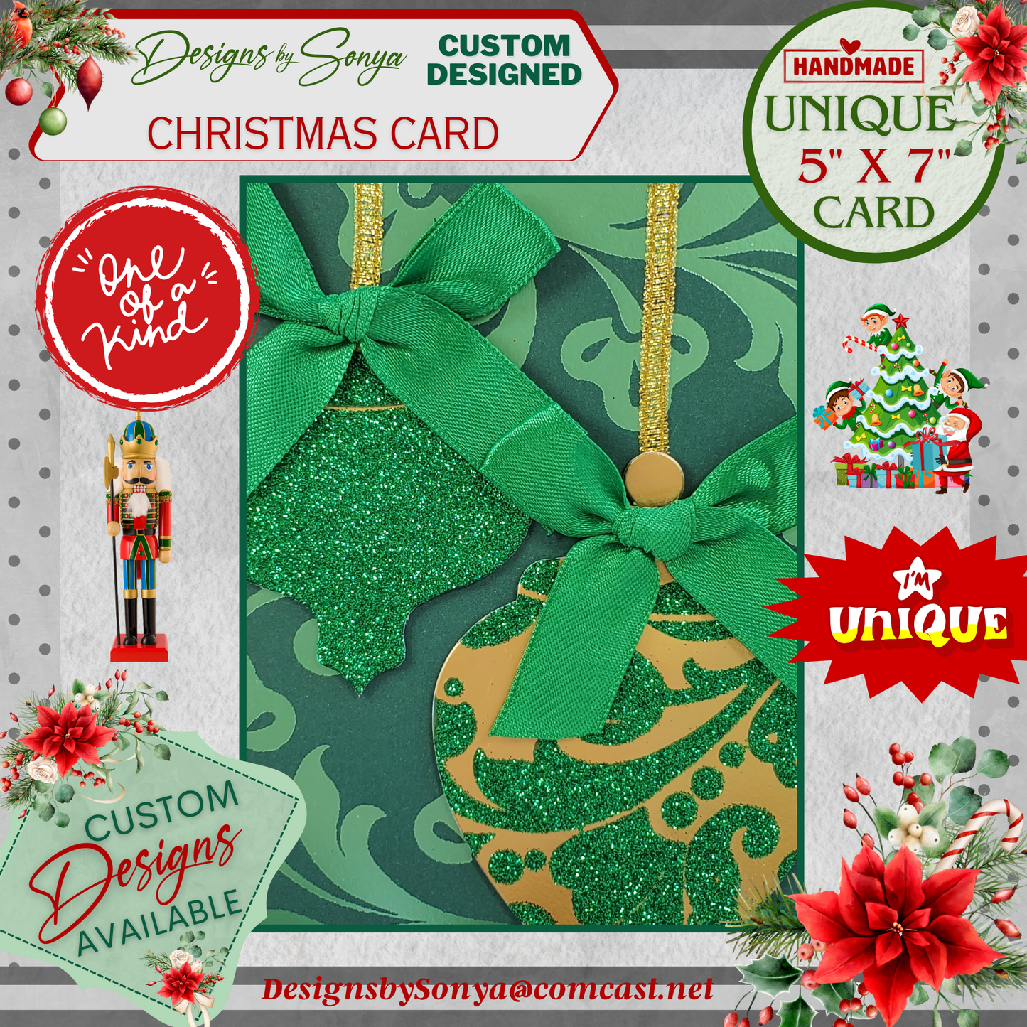 LIMITED EDITION | Elegant Green Ornament Christmas Card | 5"x7" Handcrafted Holiday Greeting Card | Festive Merry Christmas & New Year Card
