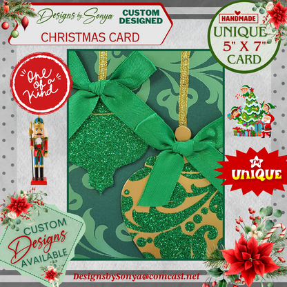 LIMITED EDITION | Elegant Green Ornament Christmas Card | 5"x7" Handcrafted Holiday Greeting Card | Festive Merry Christmas & New Year Card