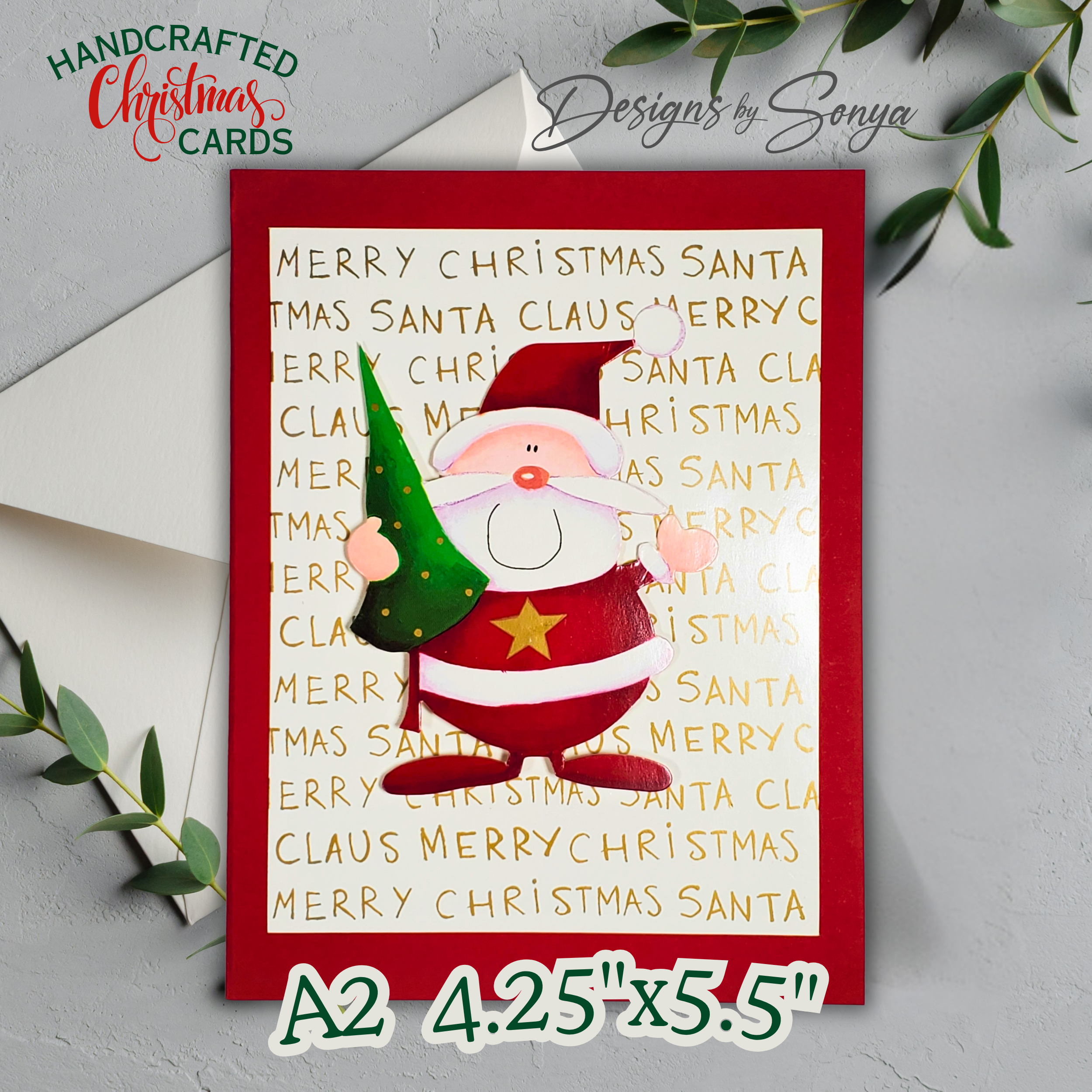 Handcrafted Santa Christmas Card with Gold Lettering | A2 Holiday Card | Red & Green, Unique Design