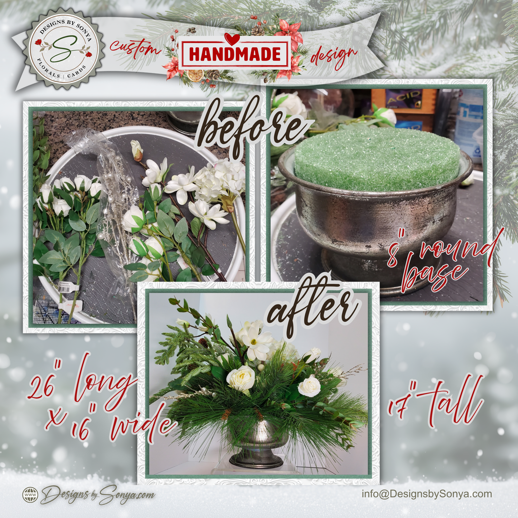 White Winter Floral Arrangement – Custom Designed Christmas Table Décor Centerpiece with Faux Pine, Cedar Greenery and Ivory Roses