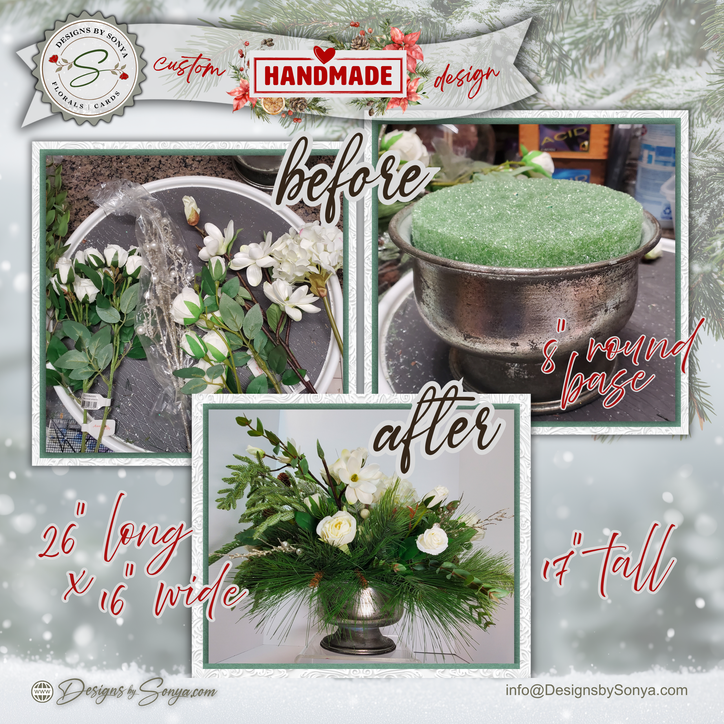 White Winter Floral Arrangement – Custom Designed Christmas Table Décor Centerpiece with Faux Pine, Cedar Greenery and Ivory Roses