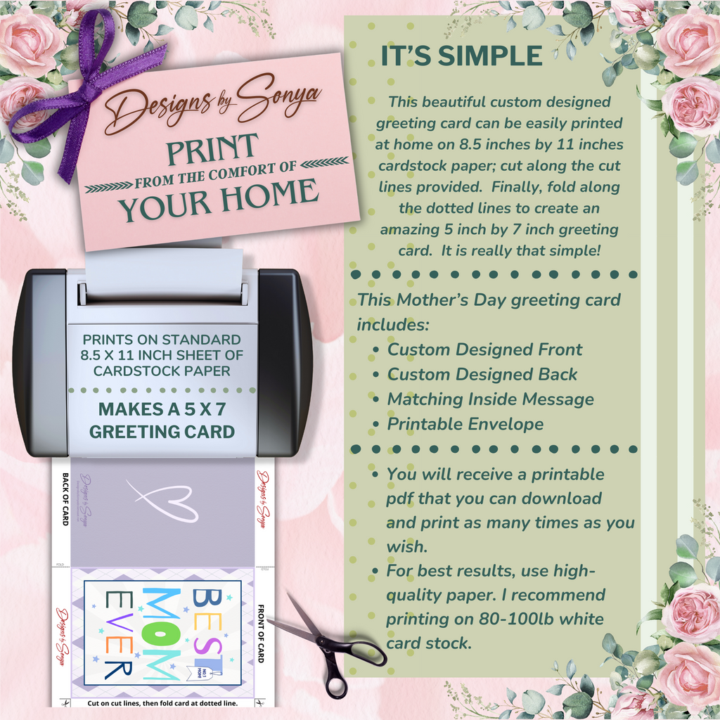 Best Mom Ever | Custom Designed | 5 x 7 Printable Greeting Card | Matching Envelope Included | Instant Download | Print from Home