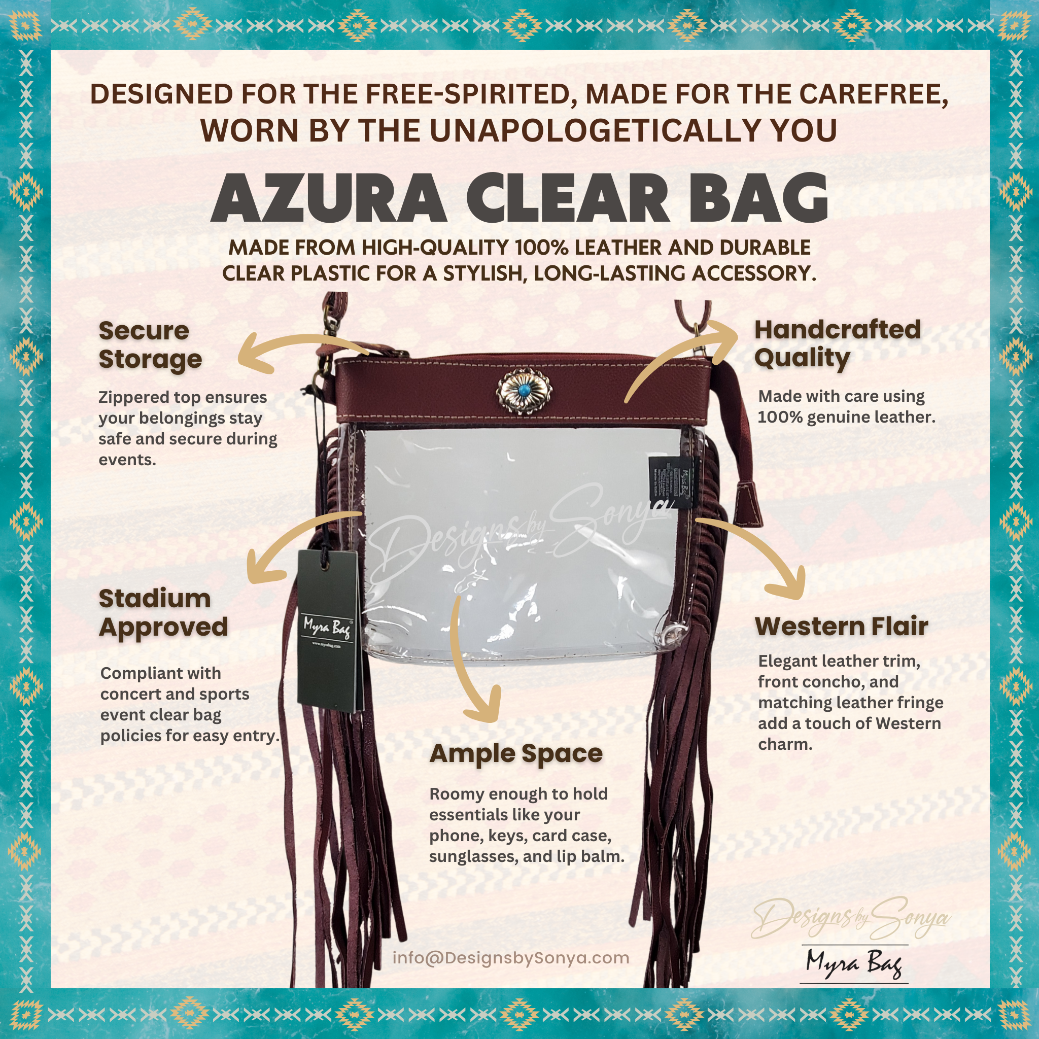 Azura Clear Crossbody Bag by Myra in Turquoise Blue | Stadium Approved Western Leather Handbag with Fringe, Adjustable Strap, and Concho Detailing