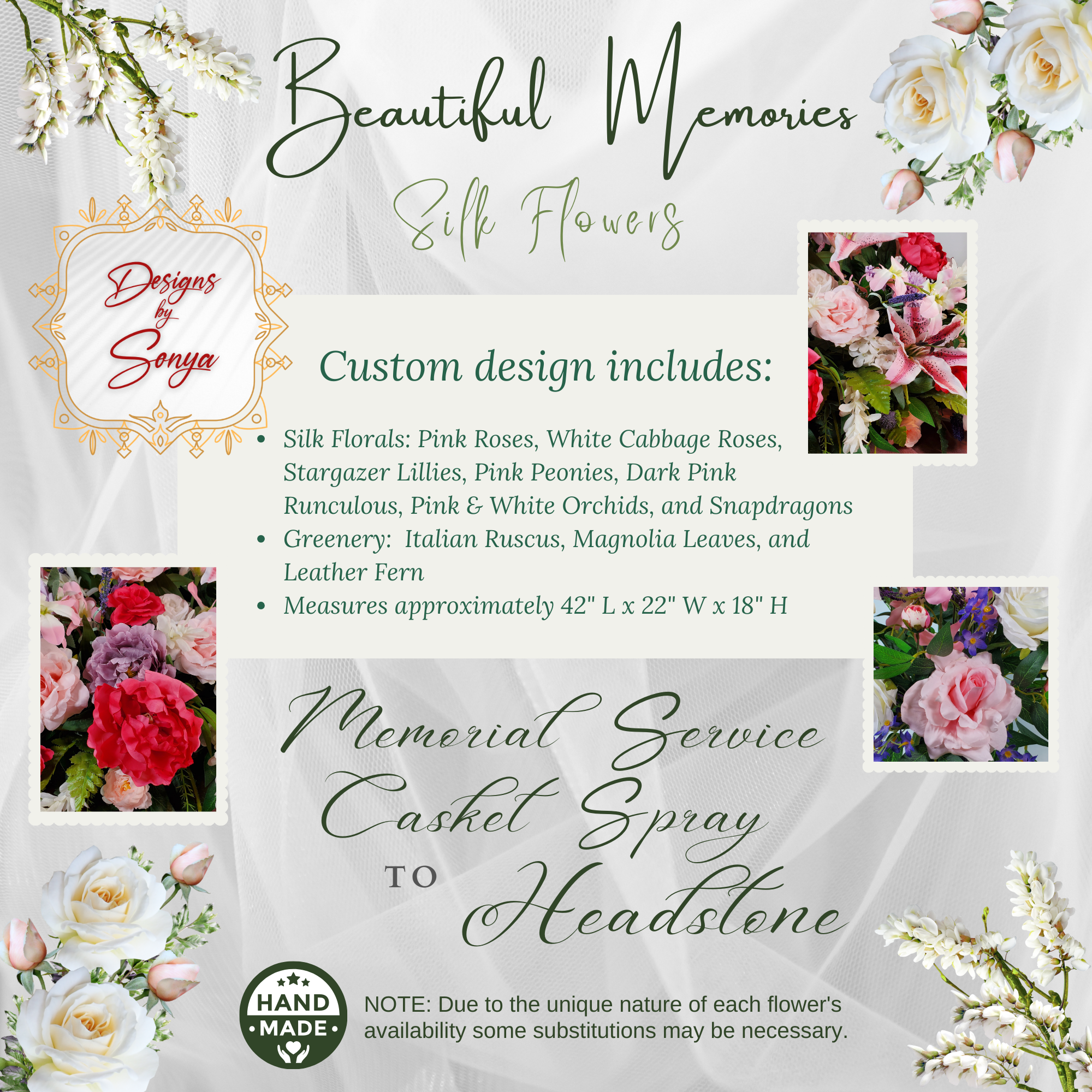Lifelike Memorial Service Casket Spray to Cemetery Headstone Saddle - Premium Silk Flowers - Roses, Orchids, Lillies, Peonies, Hydrangeas