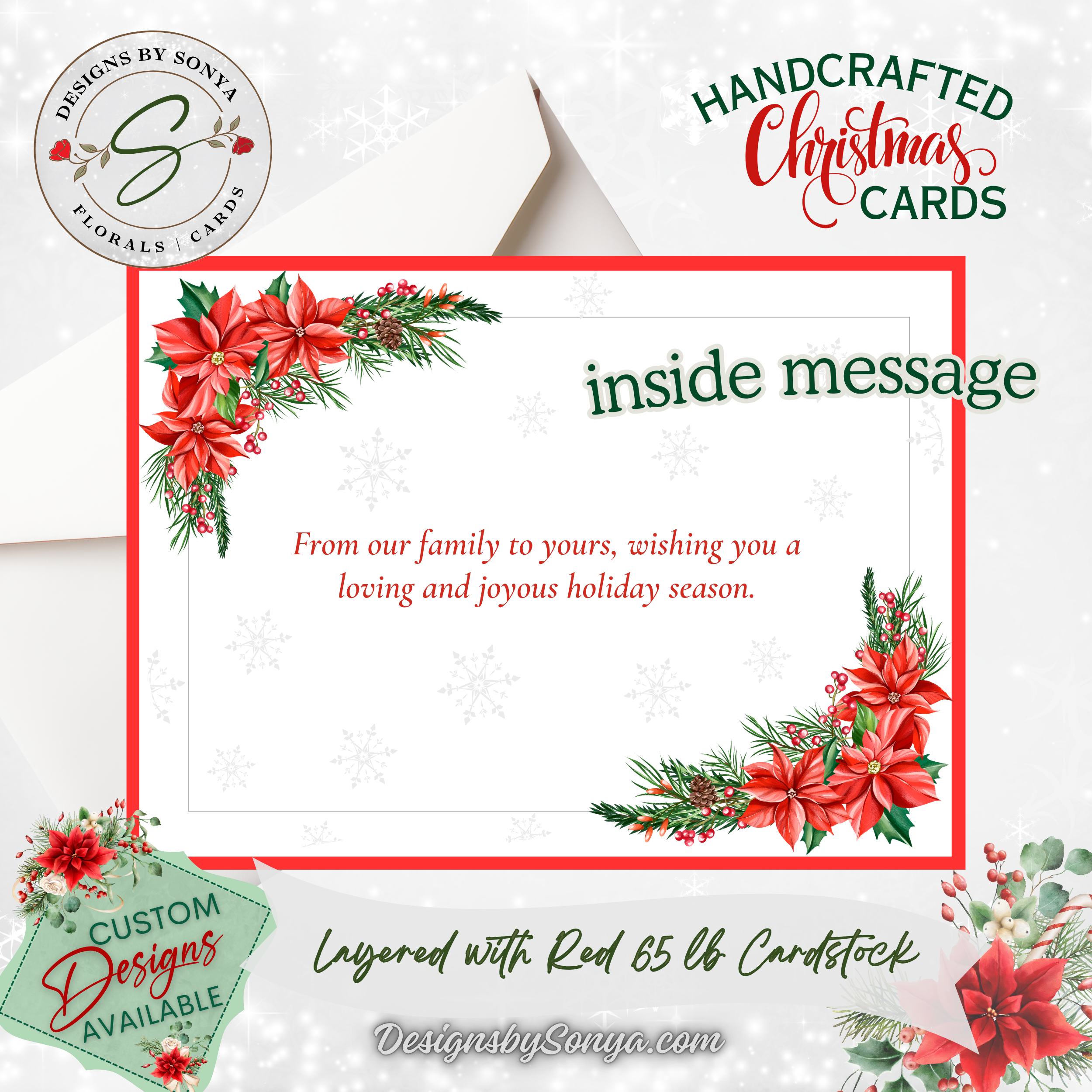 Merry Christmas Card in Black & Silver | Handcrafted A7 Holiday Card with Poinsettia Tag & Satin Bow | Elegant Client Gift