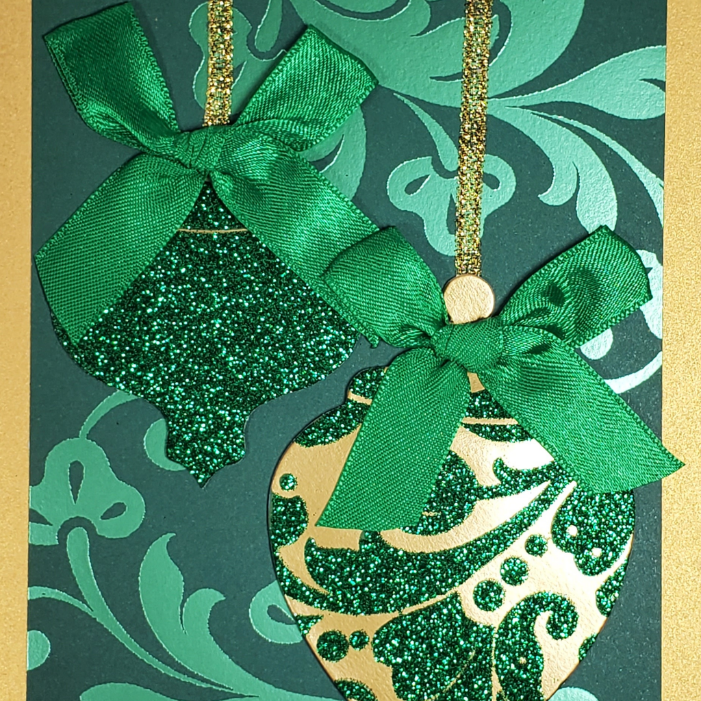 LIMITED EDITION | Elegant Green Ornament Christmas Card | Handcrafted A7 Holiday Greeting with Glitter Accents & Printed Interior Message