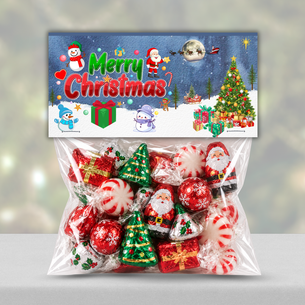 Printable Christmas Treat Bag Topper Collection | 4 Santa & Snowman Holiday Designs | Christmas Candy Bag Toppers for Classroom Parties | 4" x 2" PDF Download