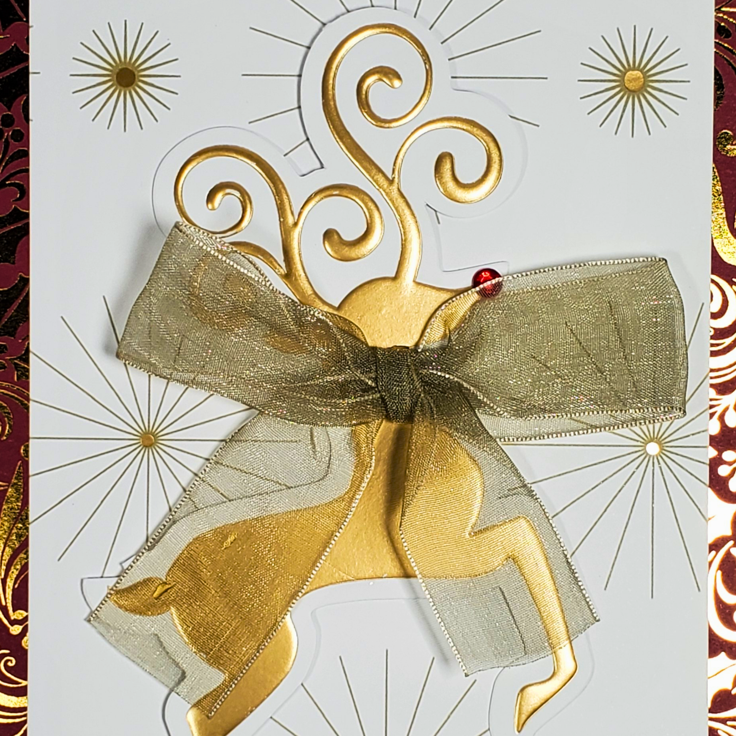 Luxury Handcrafted A7 Christmas Card – Elegant Gold Reindeer with Sheer Bow | Merry Christmas & Happy New Year Greeting Card