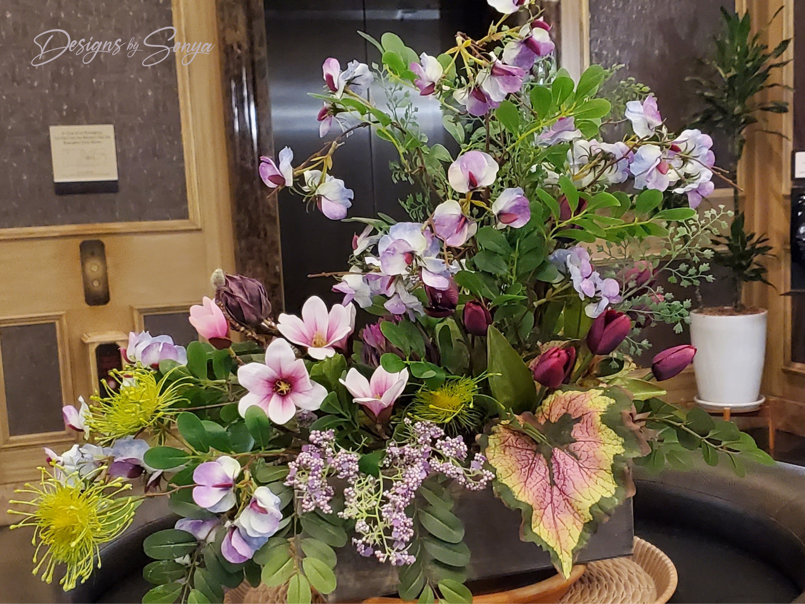 Lifelike | Exquisite | Asymmetrical | Large Flower Arrangement | Magenta Tulips, Pink Magnolias, Purple Sweet Peas | Unique Mothers Day Gift