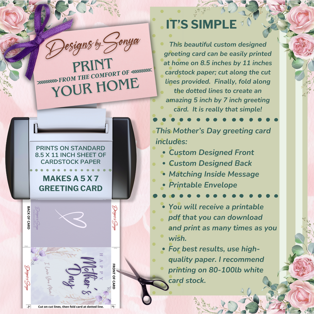 I Love You Mom | Custom Designed | 5 x 7 Printable Greeting Card | Matching Envelope Included | Instant Download | Print from Home