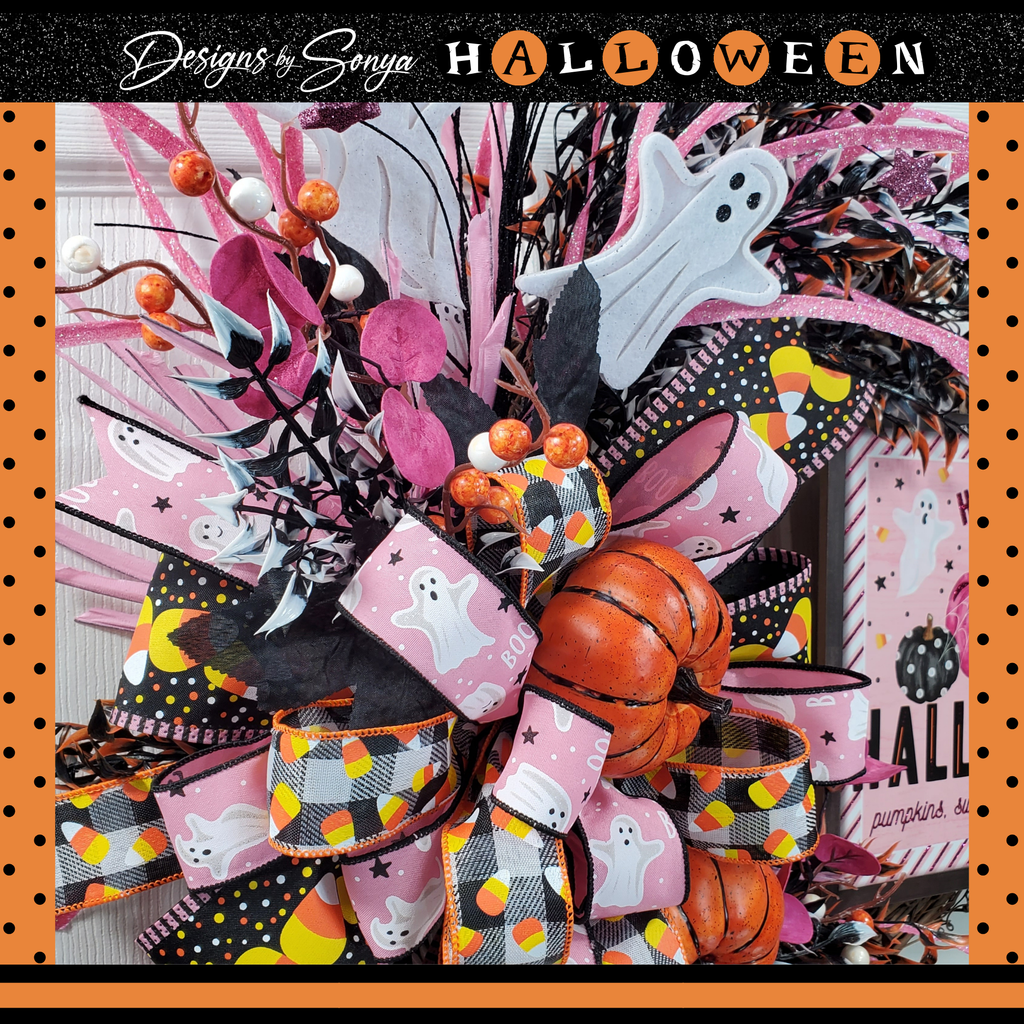 Whimsical Halloween Door Grapevine Wreath | Fun Ghost & Pumpkin Decor | Front Door Wreath | Spooky Entryway Decoration | Pink Door Hanger