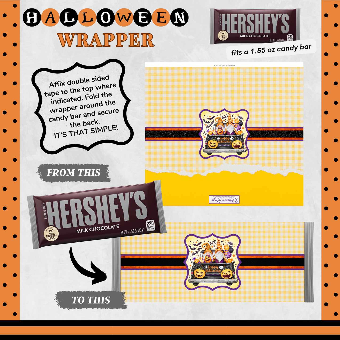 Custom Halloween Digital Hershey Bar Wrapper | Printable Candy Bar Covers | Instant Download for Trick-or-Treat Party Favors | Fits 1.55 oz Hershey's Chocolate Bar