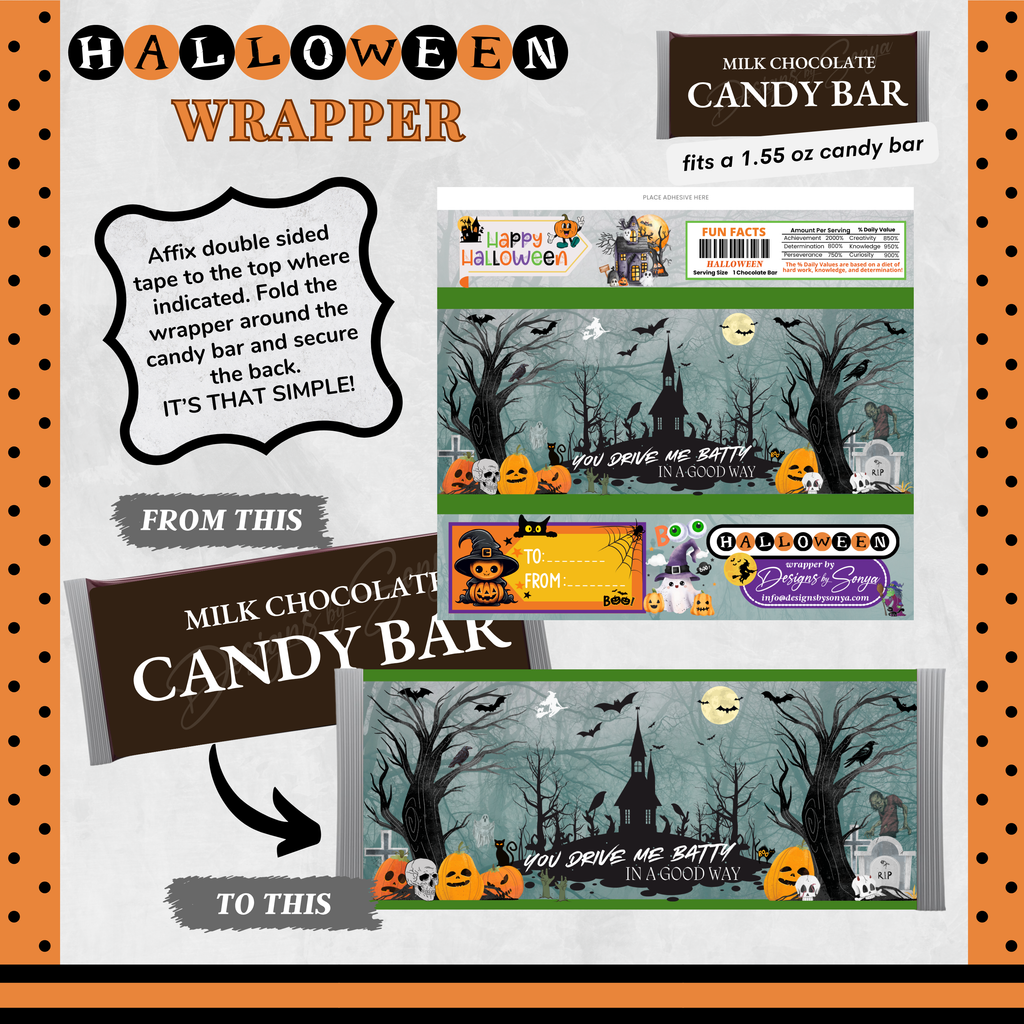 Custom Halloween Digital Candy Bar Wrapper | Printable Candy Bar Covers | Instant Download for Trick-or-Treat Party Favors | Fits 1.55 oz Hershey's Chocolate Bar