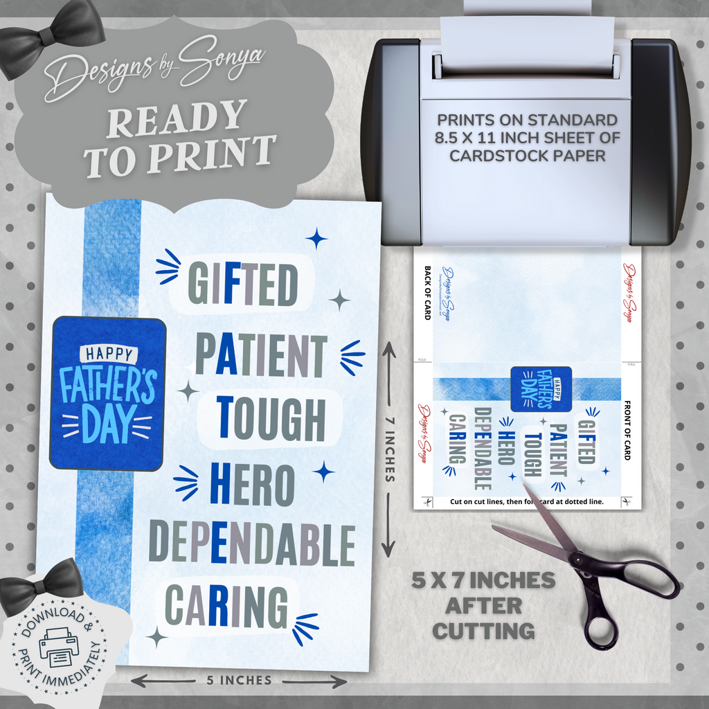 Father's Day - Gifted Patient Tough Hero Dependable Caring | Custom Designed | Printable Greeting Card | Matching Envelope Included | Instant Download | Print at Home