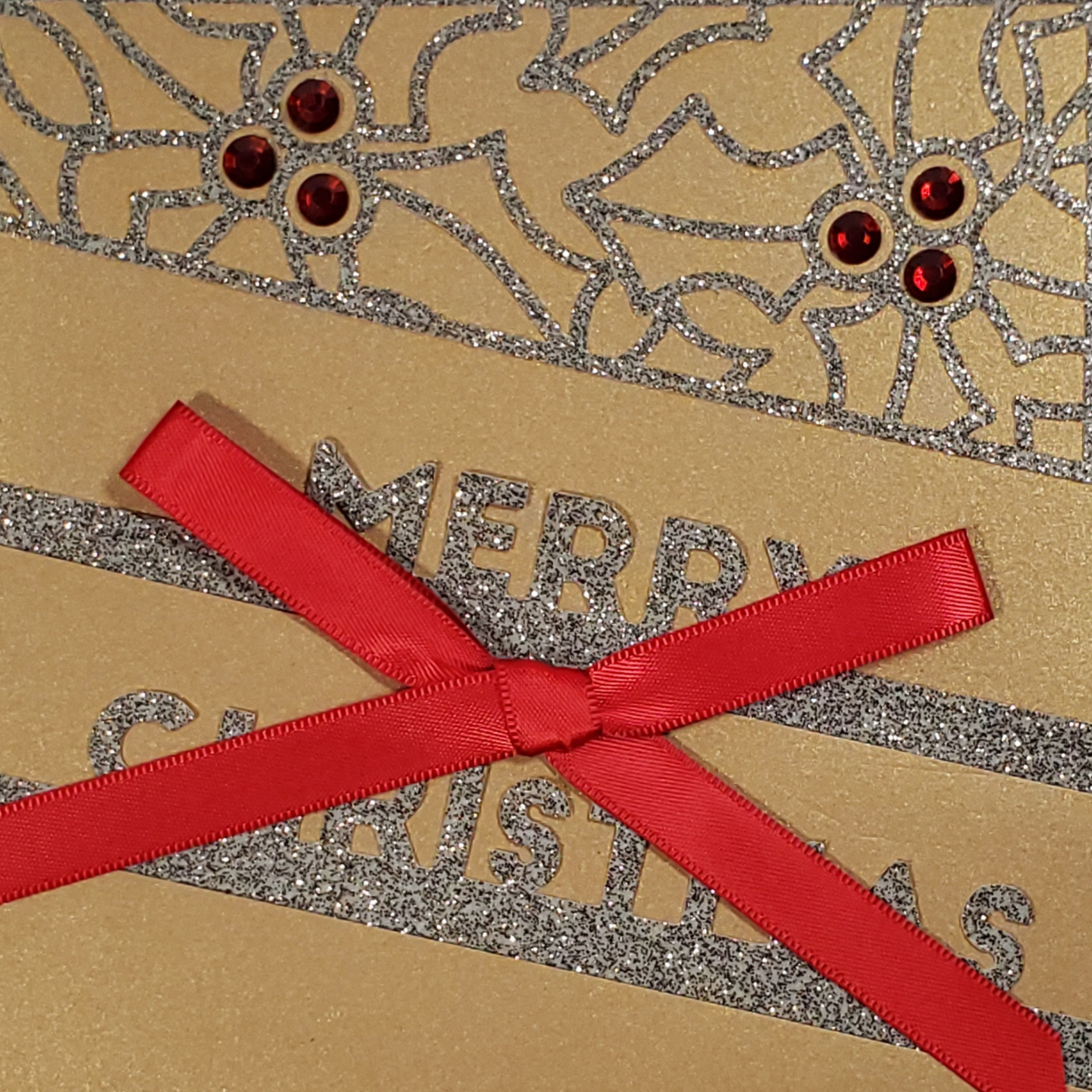 Handcrafted Gold Glitter Christmas Card with Red Bow | A7 Holiday Greeting with Holly, Rhinestones & Printed Interior Message