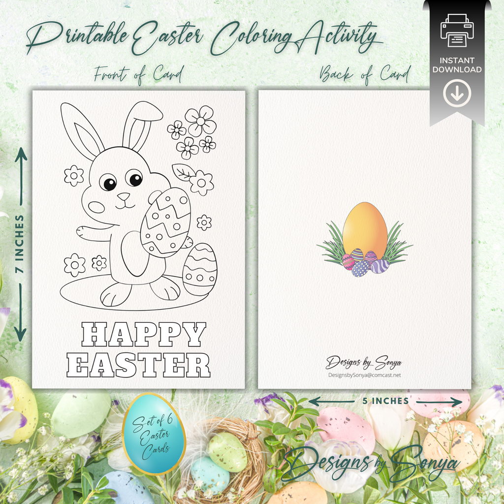 Set of 6 Custom Designed 5 x 7 Printable Happy Easter DIY Kid Coloring Greeting Card Classroom Activity - Instant Download - Print at Home