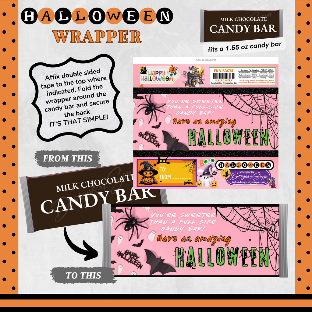 Sweeter Than Candy Halloween Chocolate Bar Wrapper | Cute Ghost & Spider Web Design | Printable Party Favor for Kids and Adults