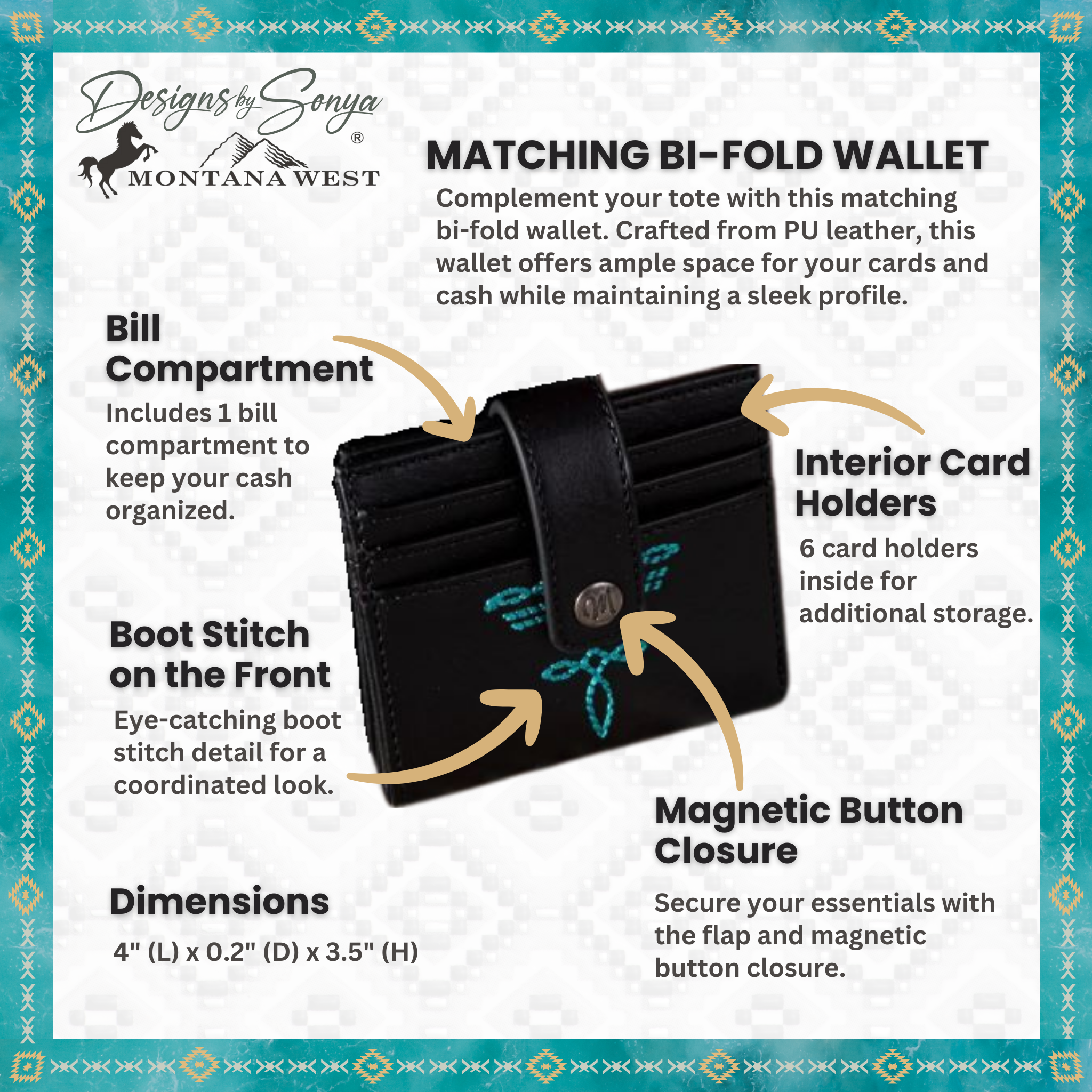 Montana West Whipstitch Concealed Carry Tote with Matching Bi-Fold Wallet | MW1124-H8120SW | Black with Turquoise