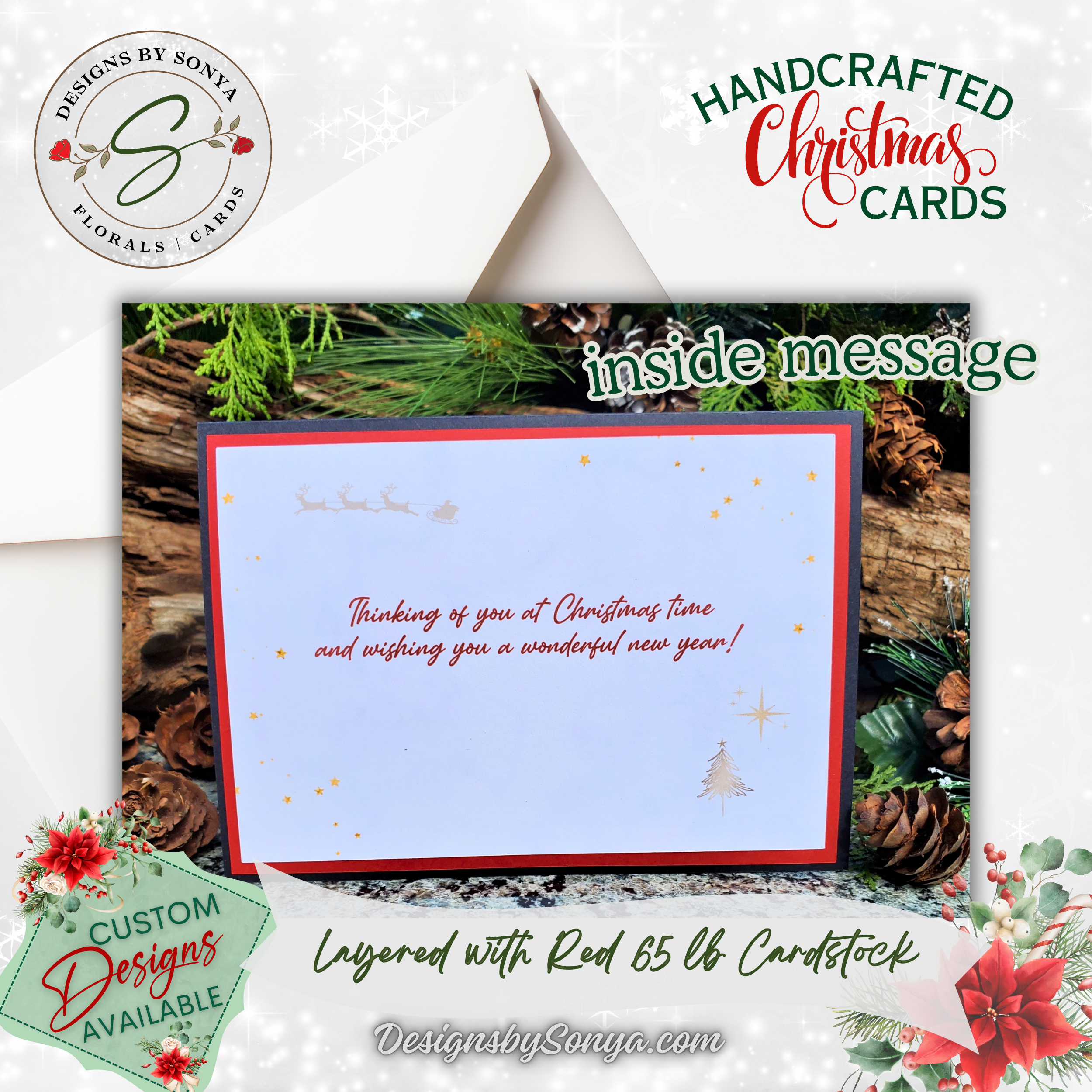 Handmade Custom Designed Merry Christmas Card with Reindeer Design | Unique 5"x7" Holiday Greeting