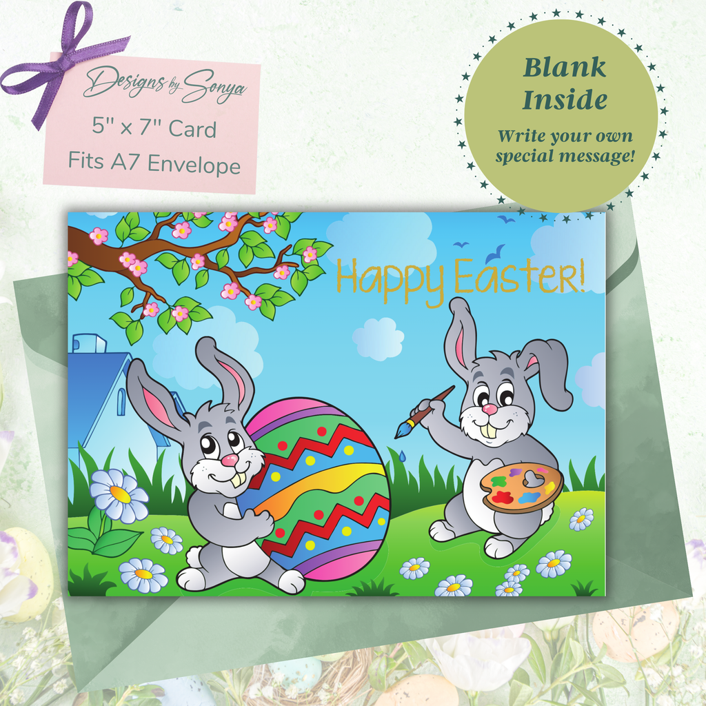 Custom Designed Printable Happy Easter Greeting Card & Envelope for Kids | DIY Digital Download | Holiday Greetings Playful Bunnies Decorating Vibrant Eggs