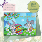 Custom Designed Printable Happy Easter Greeting Card & Envelope for Kids | DIY Digital Download | Holiday Greetings Playful Bunnies Decorating Vibrant Eggs