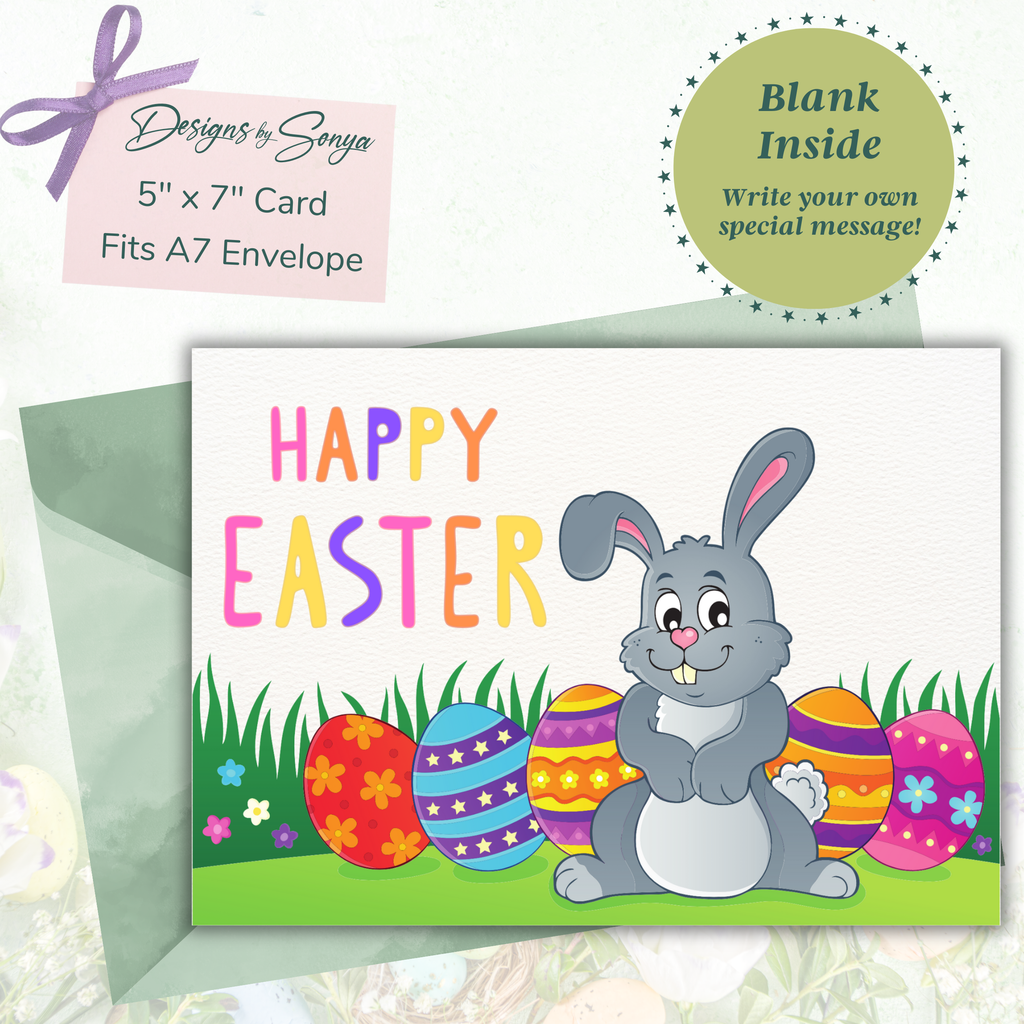 Happy Easter Bunny Printable Card – 5x7 Folded Greeting Card | DIY Instant Download | Easter Digital Card with Matching Envelope